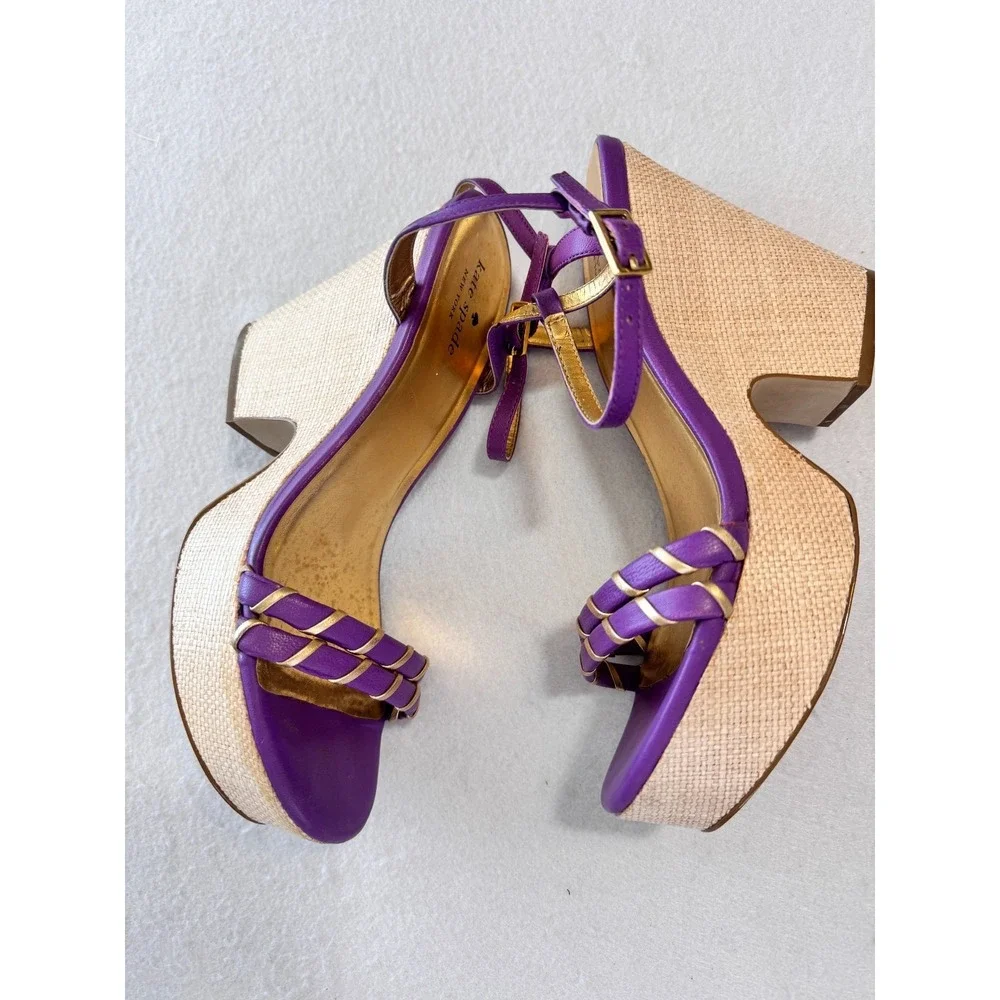 Kate Spade Womens Purple Gold Sandals 8.5 Wedge Espadrille Platform Sandals